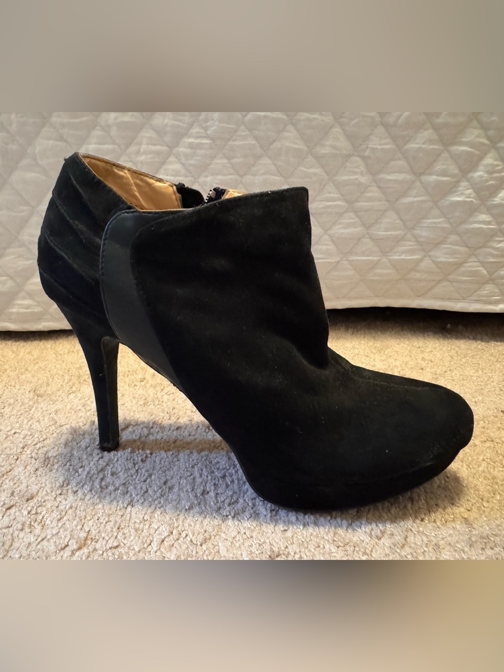 Report Black Suede Ankle Booties with Stacked Heel